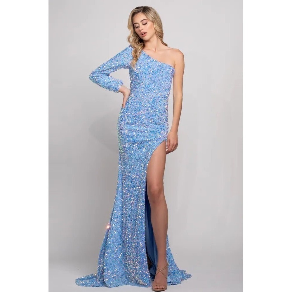 Periwinkle Blue Iridescent Sequin 1 Shoulder Long Sleeve Formal Gown Slit sz‎ 8
